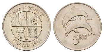 Исландия 5 крон 1981 дельфины KM 28 медно-никель 4591-551