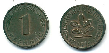 ФРГ 1 пфенниг 1978 J KM 105, J.380 сталь плакированная медью 3999-1158