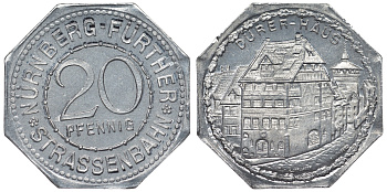 Германия, Нюрнберг - Фюрт 20 пфеннигов ND трамвайный жетон, дом Дюрера алюминий UNC 4119-745