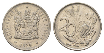 ЮАР 20 центов 1975 герб, цветок протея KM 86 никель 4626-756