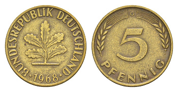 ФРГ 5 пфеннигов 1968 G KM 107, J. 382 сталь плакированная латунью 4647-1013