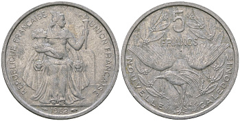 Французская Новая Каледония 5 франков 1952 птица кагу, (IEOM) KM 4, Schoen 4, Lec 71 алюминий 180-331