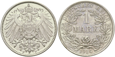 Германия 1 марка 1914 F Weege 18, J. 17, KM 14 серебро aUNC 98-1211