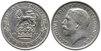 Великобритания 6 пенсов 1911 Георг V (1910-1936) KM 815, Spink 4014 серебро 1518-1225