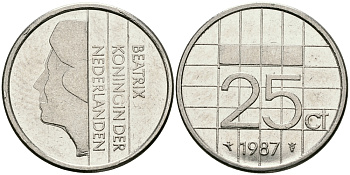 НИДЕРЛАНДЫ 25 ЦЕНТОВ 1987 БЕАТРИКС KM 204 никель 96-317
