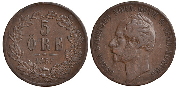 Швеция 5 эре 1857 Оскар I (1844-1859) KM 690 медь 4179-1131