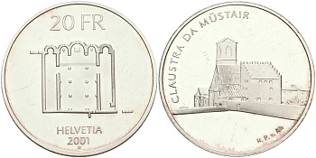 Швейцария 20 франков 2001 монастырь Монсеррат KM 93 серебро UNC 413-3614