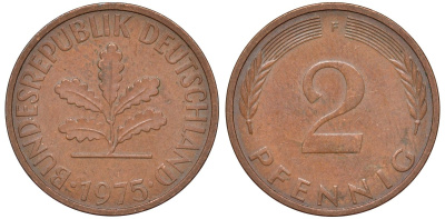 ФРГ 2 пфеннига 1970 F KM 106a, J.381a сталь плакированная медью 4174-457