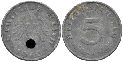 ГЕРМАНИЯ 5 РЕЙХСПФЕННИГОВ 1943 A KM 100, J. 370 цинк 105-312