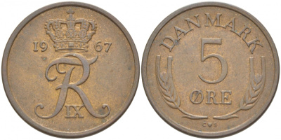ДАНИЯ 5 ЭРЕ 1967 C; S, ФРЕДЕРИК IX (1947-1972) KM 848.1 бронза 4402-1226