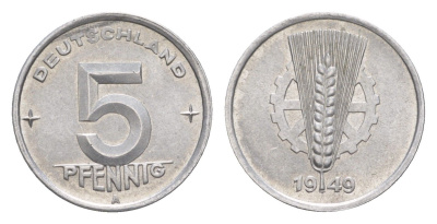 ГДР 5 пфеннигов 1949 A KM 2 алюминий aUNC 4647-767
