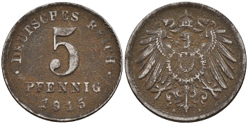Германия 5 пфеннигов 1915 A KM 19, J. 297 железо 4151-559
