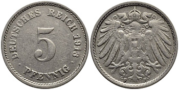 ГЕРМАНИЯ 5 ПФЕННИГОВ 1913 F KM 11, Jager 12, Weege 6 медно-никель 4547-537