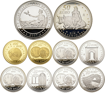 Испания набор из 5 монет - 3 монеты по 10 евро, 50 евро и 400 евро 2007 5-ая годовщина введения евро, памятники KM 1124, 1125, 1126, 1127, 1128 золото, серебро  PROOF 10-011-02 5-4-5-08