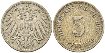ГЕРМАНИЯ 5 ПФЕННИГОВ 1906 D KM 11, J. 12, Weege 6 медно-никель 206-944