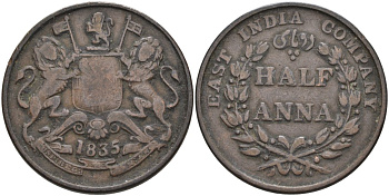 Британская Индия 1/2 анна 1835 M, Британская Ост-Индская компания, Мадрас, диаметр 30,8 мм. KM 447.1 медь 88-913