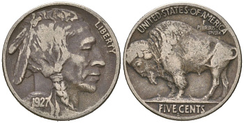 США 5 центов 1927 D, индеец, бизон KM 134 медно-никель 4614-1133