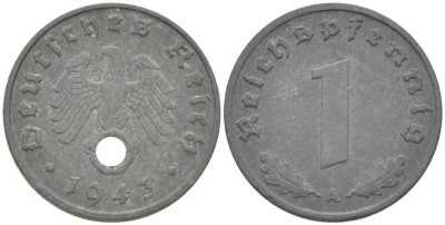 ГЕРМАНИЯ 1 РЕЙХСПФЕННИГ 1943 A KM 97, J. 369 цинк 211-555