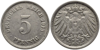 ГЕРМАНИЯ 5 ПФЕННИГОВ 1913 F KM 11, Jager 12, Weege 6 медно-никель 4547-537