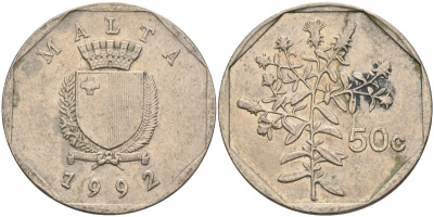 Мальта 50 центов 1992 девясил KM 98 медно-никель 213-625