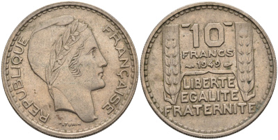 Франция 10 франков 1949 тип Пьер Турин KM 909.1, LE FRANC 362.6 медно-никель 4589-711
