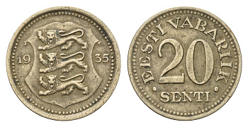 Эстония 20 сентов 1935 год-тип KM 17 никель латунь 08-1338
