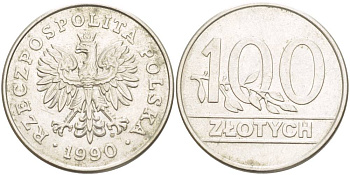Польша 100 злотых 1990 MW, Демократическая Республика KM 214, Parchimowicz 602 медно-никель 4542-1015