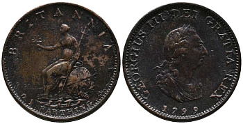 Великобритания 1 фартинг 1799 Георг III (1760-1820) KM 646, Spink 3779 медь 1518-721