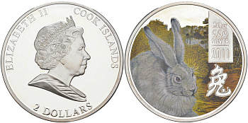 Острова Кука 2 доллара 2011 год Кролика, серый кролик, цветная эмаль KM NEW серебро PROOF 1091-9-51