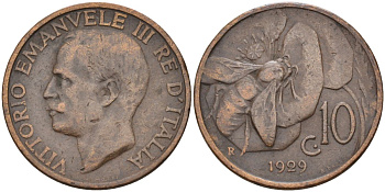 Италия 10 чентезимо 1929 пчела, Виктор Эммануил III (1900-1946) KM 60 медь 4592-943