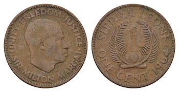 Сьерра-Леоне 1 цент 1964 Милтон Маргаи KM 17 бронза 4114-133