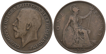 Великобритания 1 пенни 1914 Георг V (1910-1936) KM 810, Spink 4051 бронза 4112-711