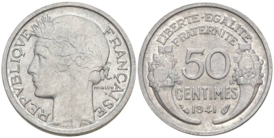 ФРАНЦИЯ 50 САНТИМОВ 1941 ТИП MORLON LOURDE KM 894.1a, LE FRANC 193.2 алюминий 44-328