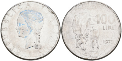 Италия 100 лир 1979 R, FAO, корова с теленком KM 106 нержавеющая сталь 51-4345