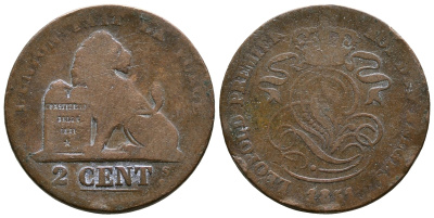 БЕЛЬГИЯ 2 САНТИМА 1851 KM 4.2 медь 4364-1352