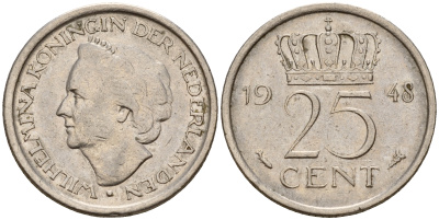 Нидерланды 25 центов 1948 Вильгельмина I (1890-1948) KM 178 никель    4189-165