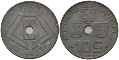 Бельгия 10 сантимов 1943 Belgie - Belgique, Леопольд III (1934-1947), германская оккупация, Вторая мировая война KM 126 цинк 4161-342