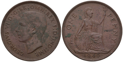 Великобритания 1 пенни 1940 Георг VI (1936-1952) KM 845, Spink 4114 бронза 4112-733