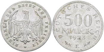ГЕРМАНИЯ 500 МАРОК 1923 E KM 36, J. 305, Weege 23 алюминий 210-434