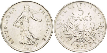 ФРАНЦИЯ 5 ФРАНКОВ 1975 СЕЯТЕЛЬ KM 926a.1, LE FRANC 341.7 медно-никель плакированный никелем 4521-324