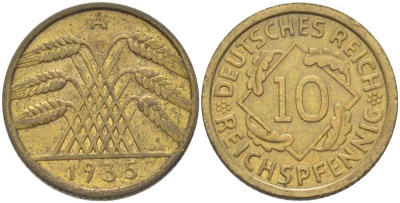 ГЕРМАНИЯ 10 РЕЙХСПФЕННИГОВ 1935 A KM 40, J. 317, Weege 9 алюминиевая бронза 210-421