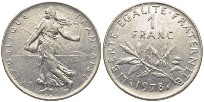 ФРАНЦИЯ 1 ФРАНК 1978 СЕЯТЕЛЬ KM 925.1, LE FRANC 226.23 никель 175-546
