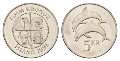 Исландия 5 крон 1996 дельфины KM 28a сталь плакированная никелем UNC 4586-437