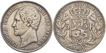 Бельгия 5 франков 1851 Леопольд I (1831-1865), без точки над датой KM 17 серебро 5010-822