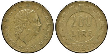 Италия 200 лир 1981 R, шестерня KM 105 алюминиевая бронза 72-934