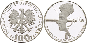 Польша 100 злотых 1974 MW, 40 лет со дня смерти Марии Склодовской-Кюри (1867-1934) KM 71, Parchimowicz 270 серебро PROOF 1084-10-43