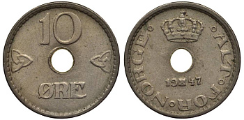 Норвегия 10 эре 1947 Хокон VII (1905-1957) KM 383 медно-никель 4549-955