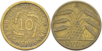 ГЕРМАНИЯ 10 РЕЙХСПФЕННИГОВ 1926 A KM 40, J. 317, Weege 9 алюминиевая бронза 210-352