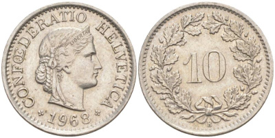 ШВЕЙЦАРИЯ 10 РАППЕНОВ 1968 В KM 27 медно-никель 55-356