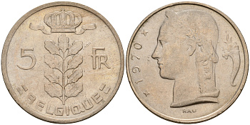 Бельгия 5 франков 1970 Belgique KM 134.1 медно-никель  UNC  4187-235